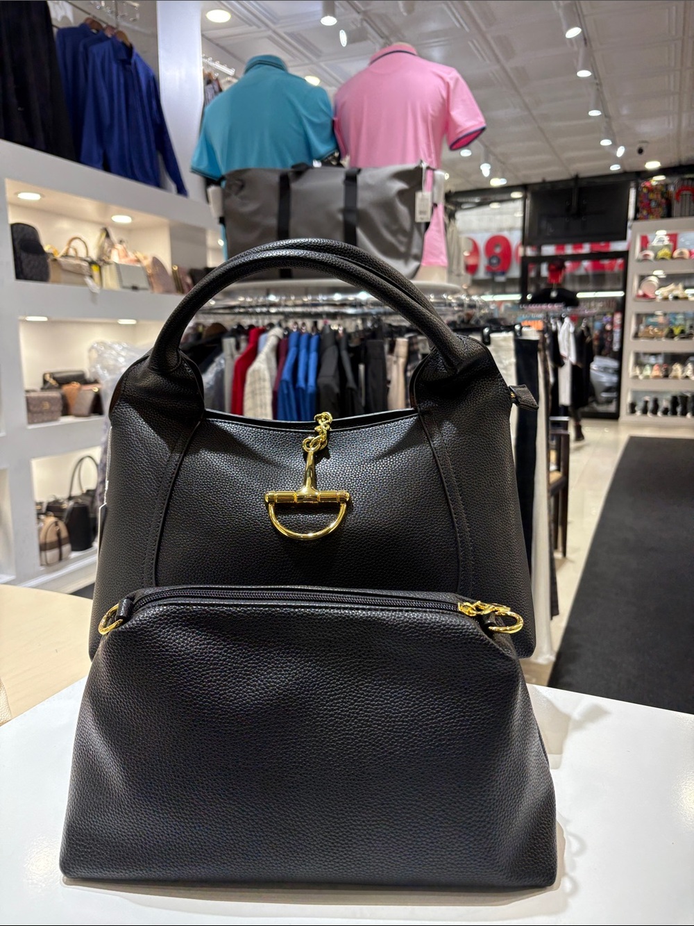 Black Leather Tote with Gold Hardware and Removable Pouch